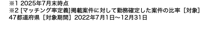 ※12025年7月末時点
※2 [マッチング率定義] 掲載案件に対して勤務確定した案件の比率 [対象]
47都道府県[対象期間] 2022年7月1日~12月31日
