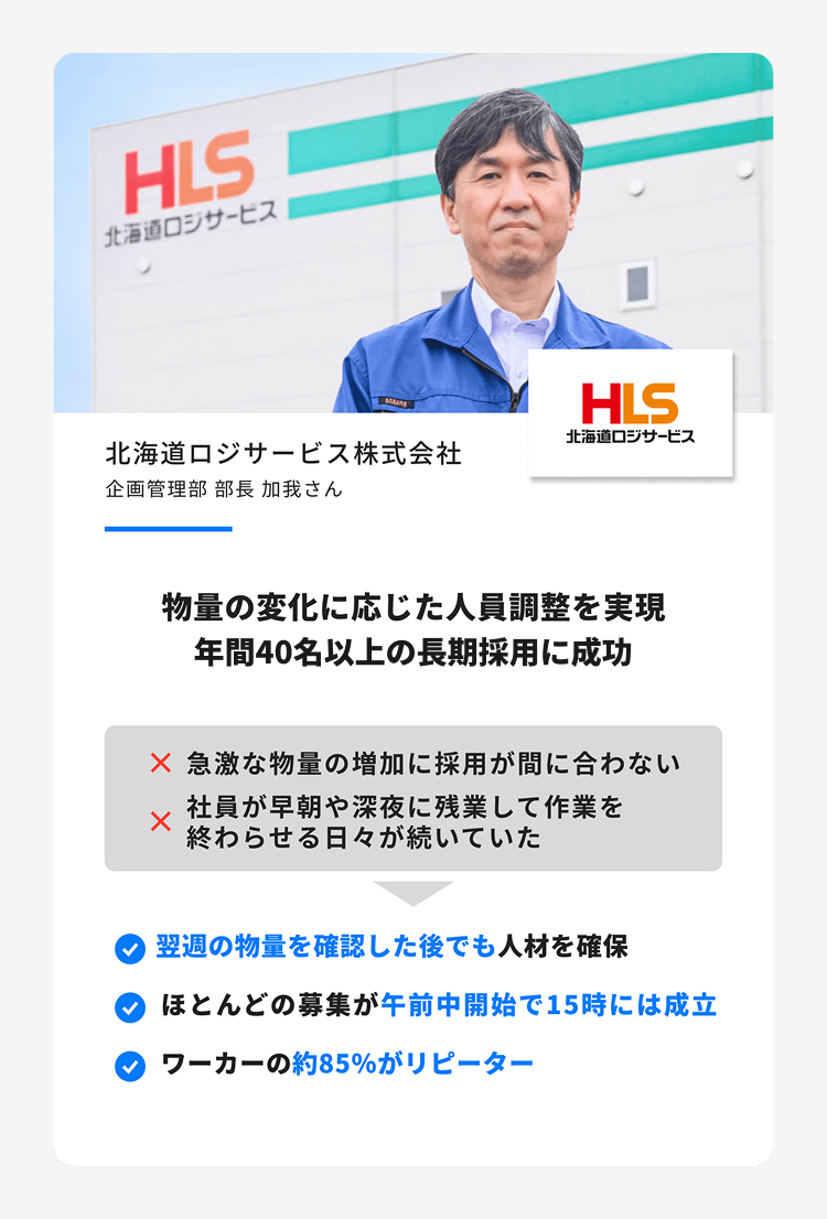 HLS
北海道ロジサービス
HLS
北海道ロジサービス
北海道ロジサービス株式会社
企画管理部 部長 加我さん
物量の変化に応じた人員調整を実現
年間40名以上の長期採用に成功
× 急激な物量の増加に採用が間に合わない
社員が早朝や深夜に残業して作業を
×
終わらせる日々が続いていた
翌週の物量を確認した後でも人材を確保
▼ ほとんどの募集が午前中開始で15時には成立
▼ワーカーの約85%がリピーター
