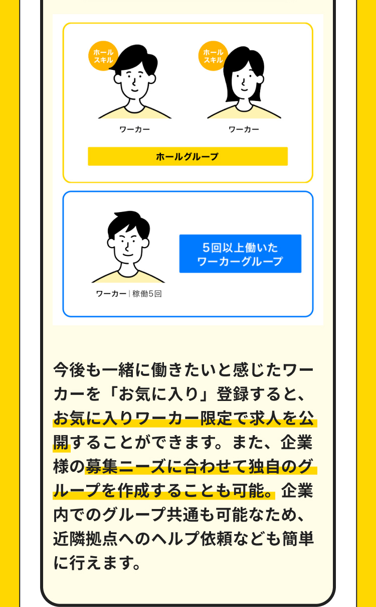 ホール
スキル
ワーカー
ワーカー | 稼働5回
ホール
スキル
ホールグループ
ワーカー
5回以上働いた
ワーカーグループ
今後も一緒に働きたいと感じたワー
カーを「お気に入り」 登録すると、
お気に入りワーカー限定で求人を公
開することができます。 また、企業
様の募集ニーズに合わせて独自のグ
ループを作成することも可能。 企業
内でのグループ共通も可能なため、
近隣拠点へのヘルプ依頼なども簡単
に行えます。