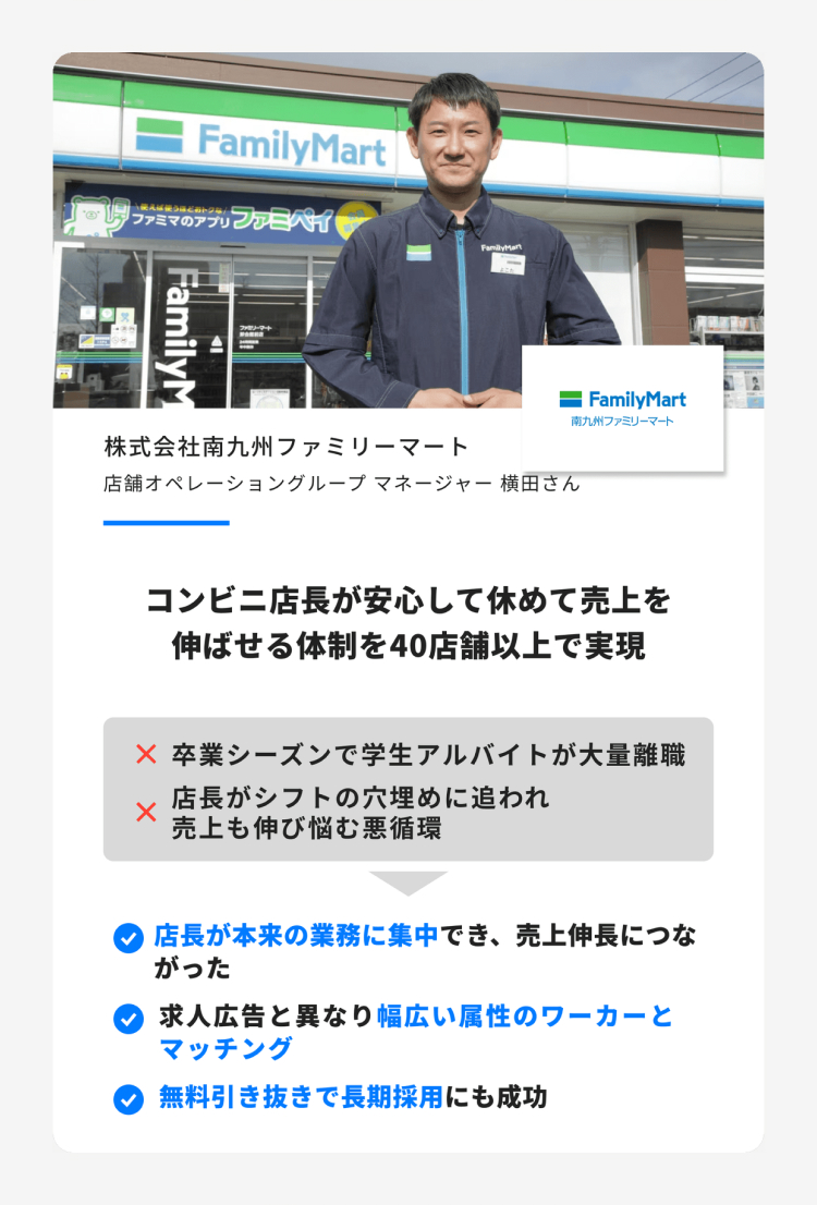 — FamilyMart
ファミマのアプリ ファミパイ
FamilyM
ファミリーマート
TE
— FamilyMart
南九州ファミリーマート
株式会社南九州ファミリーマート
店舗オペレーショングループマネージャー 横田さん
コンビニ店長が安心して休めて売上を
伸ばせる体制を40店舗以上で実現
× 卒業シーズンで学生アルバイトが大量離職
店長がシフトの穴埋めに追われ
売上も伸び悩む悪循環
▼ 店長が本来の業務に集中でき、 売上伸長につな
がった
▼ 求人広告と異なり幅広い属性のワーカーと
マッチング
無料引き抜きで長期採用にも成功