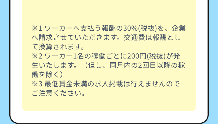 ※1ワーカーへ支払う報酬の30% (税抜) を、 企業
へ請求させていただきます。 交通費は報酬とし
て換算されます。
※2ワーカー1名の稼働ごとに200円(税抜)が発
生いたします。 (但し、同月内の2回目以降の稼
働を除く)
※3 最低賃金未満の求人掲載は行えませんので
ご注意ください。