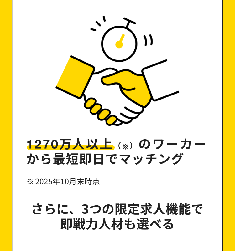 2000
)
1270万人以上(※) のワーカー
から最短即日でマッチング
※2025年10月末時点
さらに、3つの限定求人機能で
即戦力人材も選べる