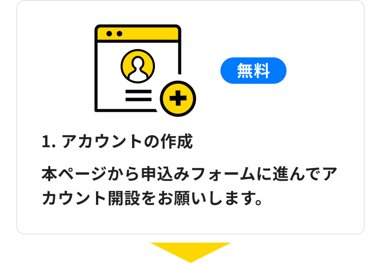 無料
+
1. アカウントの作成
本ページから申込みフォームに進んでア
カウント開設をお願いします。