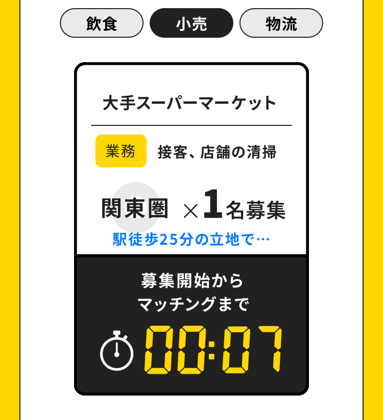 飲食
小売
物流
大手スーパーマーケット
業務 接客、店舗の清掃
関東圏 ×1名募集
駅徒歩25分の立地で···
募集開始から
マッチングまで
Ŏ 00:07