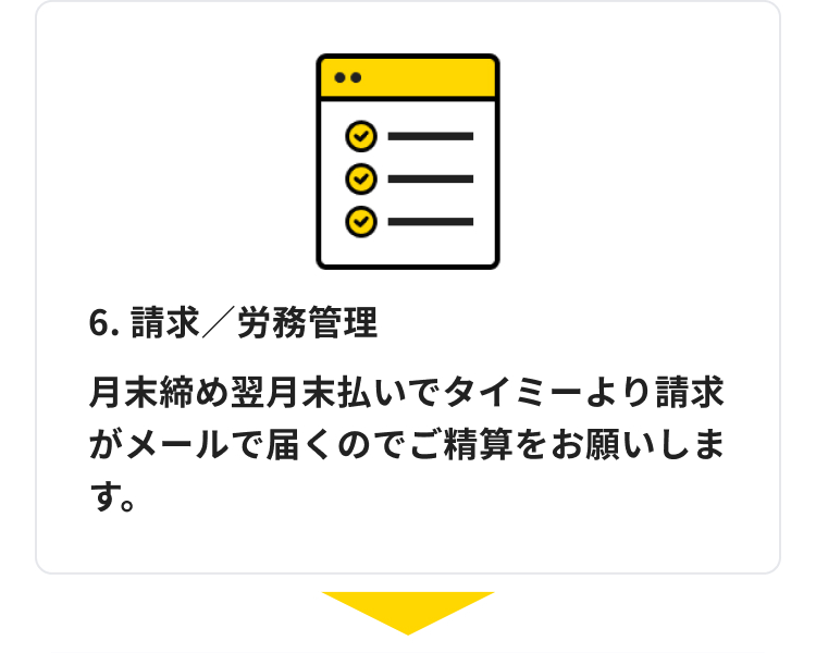 6. 請求 / 労務管理
月末締め翌月末払いでタイミーより請求
がメールで届くのでご精算をお願いしま
す。